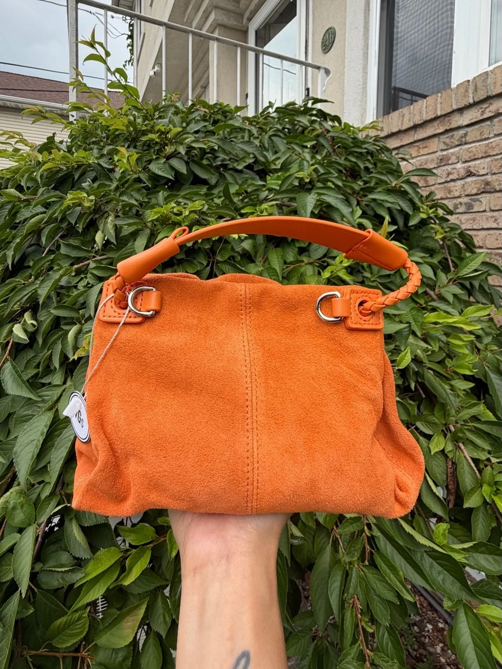 Orange Suede Bucket Bag Drawstring Crossbody Dumpling Cloud Pouch NWT